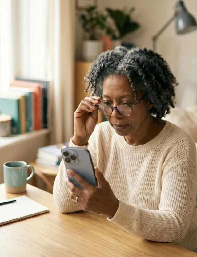 Ältere Frau liest konzentriert auf ihrem Smartphone